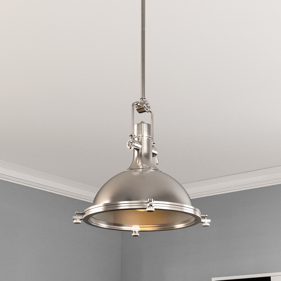 Satin Nickel Finish, Industrial Pendant Light Fixture, Includes Extension Rods 1x6