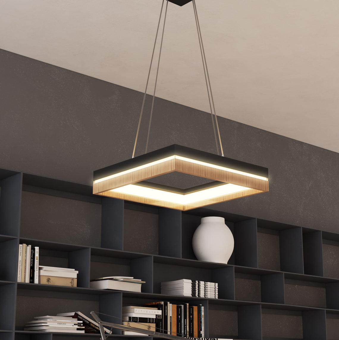 Square Metal and Wood - Chandelier - Lighting, 35W, 836 Lumens (Warm White), 3000K Dimmable, Matte Black + Wood Body Finish