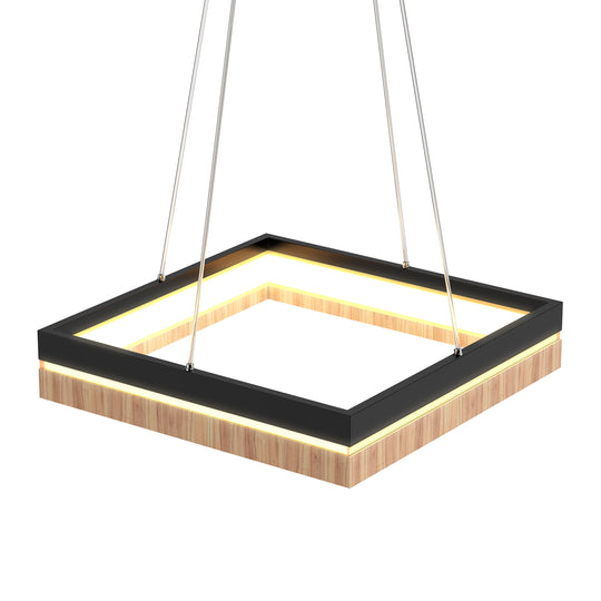Square Metal and Wood - Chandelier - Lighting, 35W, 836 Lumens (Warm White), 3000K Dimmable, Matte Black + Wood Body Finish