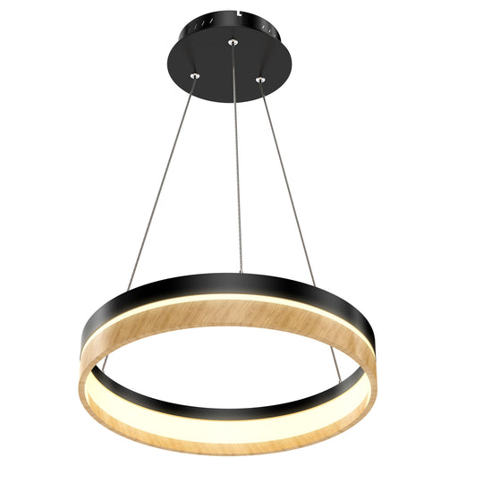 Round Chandelier Light, 33W, 3000K (Warm White), 961 Lumens, Matte Black + Wood Finish, Dimmable Pendant