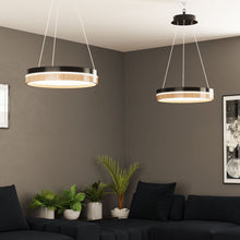 Load image into Gallery viewer, Round Chandelier Light, 33W, 3000K (Warm White), 961 Lumens, Matte Black + Wood Finish, Dimmable Pendant