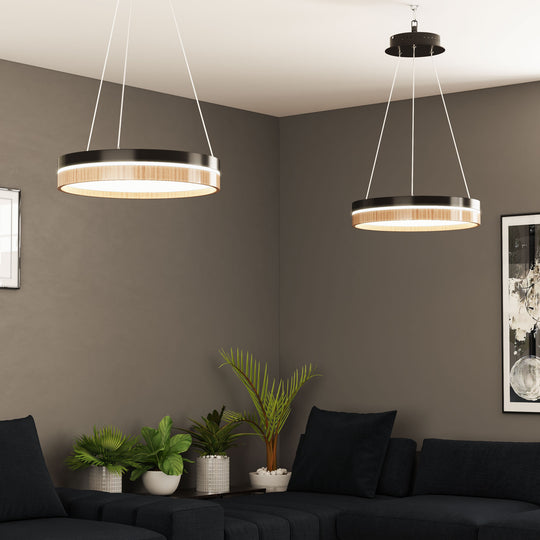 Round Chandelier Light, 33W, 3000K (Warm White), 961 Lumens, Matte Black + Wood Finish, Dimmable Pendant