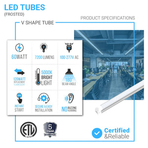 60 Watt LED Integrated Tube, T8 8 Feet - 210W Equivalent, 5000K Frosted, Linkable - Extendable Design - Basement Lighting