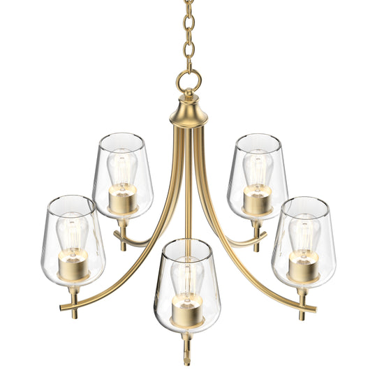 5-Lights Chandelier Lighting - Brass Gold Finish, Clear Glass Shades, UL Listed for Damp Location, E26 Socket, 3 Years Warranty
