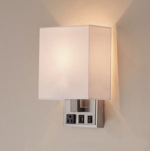 wall sconce light fixtures, Dimension: W7"xD4"xH11", 1 USB,1 switch, and 1 outlet, Satin Nickel Finish with White shade