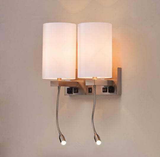 Double Head Acrylic Wall Sconce Light, Dimension With LED 2*1W+1 usb+2 switches+2 outlet, Brushed Nickel Finish