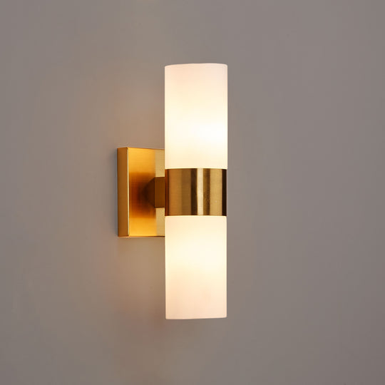 2-Lights Wall Sconce Fixtures, Brushed Brass Finish, Dimension: L13.5"xW4.45"xE5", with White Glass Shade