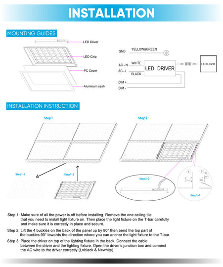 Flat Backlit Fixture: 2 ft. X 4 ft. LED Panel Light, 4000K Neutral White, 72W, 9000LM, Dimmable, AC120V-277V, UL, DLC Listed, Damp Locations, Recessed or Drop Ceiling Installation