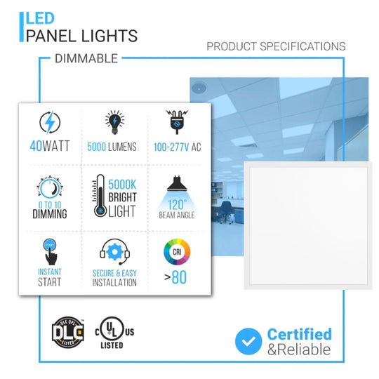 2X2 LED Backlit Flat Panel Light, 40W, 4000K, 5000 LM, AC100-277V, Dimmable, Drop Ceiling LED Lights (4-Pack)