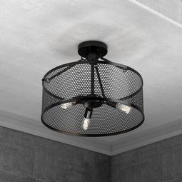 Semi Flushmount Drum Ceiling Light, E26 Base, Steel Cage Matte Black Finish, 3 Years Warranty, UL Listed