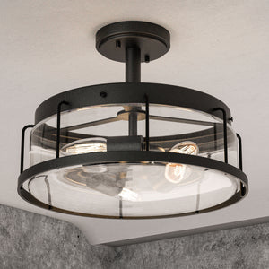 Semi-Flush Mount Drum Light Fixture, E26 Base, UL Listed, Matte Black Finish with Clear Glass Shade, 3 Years Warranty