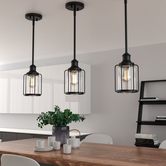 1-Light Bird Cage Pendant Light - Matte Black Finish, Clear Glass Shade, E26 Base, UL Listed