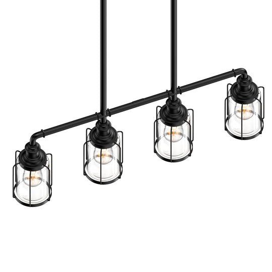 Linear Pendant Lighting Modern, 4-Lights with Clear Glass Shades, E26 Base, for Damp Location, UL Listed, Matte Black Finish