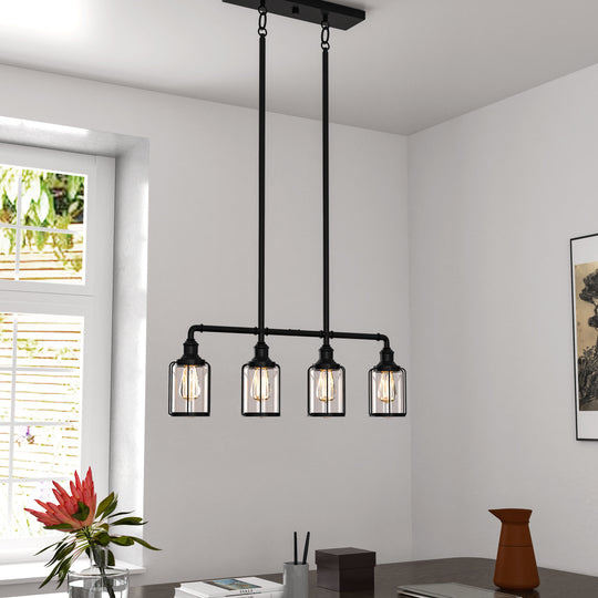 Linear Pendant Lighting Modern, 4-Lights with Clear Glass Shades, E26 Base, for Damp Location, UL Listed, Matte Black Finish