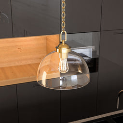 1-Light Brass Dome Pendant Lighting - Gold Pendant Light with Clear Glass Shade, E26 Base, UL Listed for Damp Location