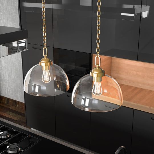 1-Light Brass Dome Pendant Lighting - Gold Pendant Light with Clear Glass Shade, E26 Base, UL Listed for Damp Location