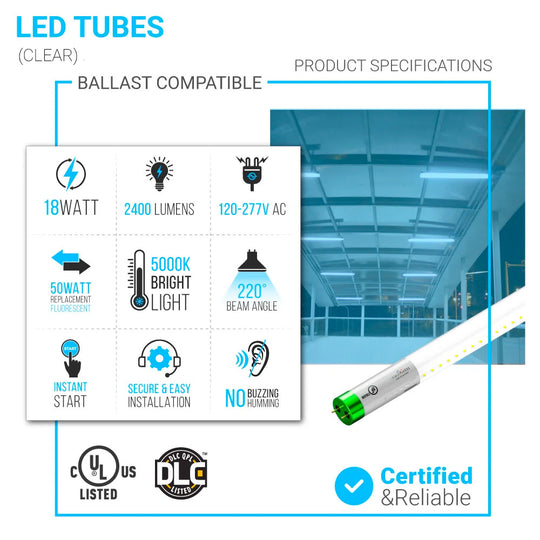 Hybrid T8 4ft LED Tube/Bulb - Glass 18W 2400 Lumens 5000K Clear, Single End/Double End Power, Fluorescent Replacement - Ballast Compatible or Bypass (Check Compatibility List)