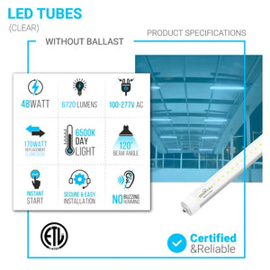 T8 8ft LED Tube/Bulb - 48W 6720 Lumens 6500K Clear, Single Pin, Double End Power - Ballast Bypass Fluorescent Replacement, Commercial Grade