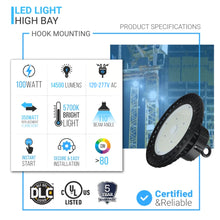 Load image into Gallery viewer, UFO LED High Bay Light: 100W, 5700K Daylight White, 14500lm, IP65 Rated, UL and DLC Listed - Perfect for Illuminating Garage, Factory, Workshop, and Warehouse Spaces