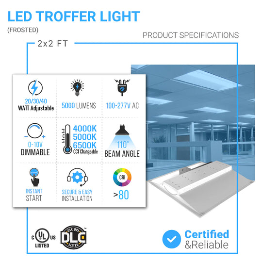 2x2 ft LED Troffer - Wattage & CCT Selectable (dip switch) - Watt: 20W-30W-40W - CCT: 4000K-5000K-6500K - 0-10V Dimmable