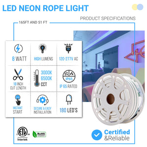 51 Feet/165 Feet LED Neon Rope Light, 120V, UL Listed (white)