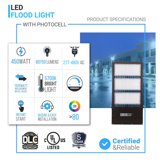 LED Flood Light With Photocell, 450W, 5700K, 60750 LM, AC277-480V, Bronze, With 20KV Surge Protector, Stadium Flood Light