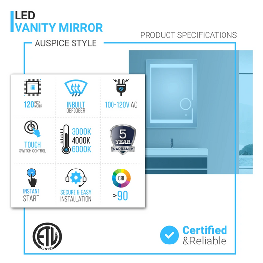 24x32 Inch LED Bathroom Mirror with Magnifying Mirror, CCT Remembrance, Defogger, Auspice Style