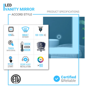 LED Illuminated Bathroom Mirror with Touch Switch Control, Defogger, CCT Remembrance, Backlit/Front, Accord Style, ETL Certified
