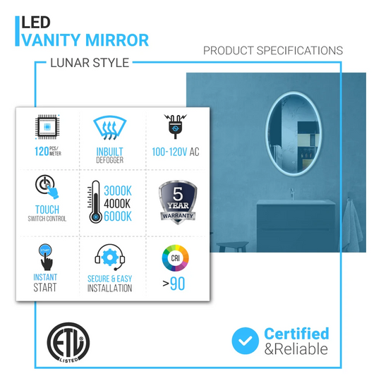 Oval LED Lighted Bathroom Vanity Mirror, Touch Switch, Anti-Fog Wall Mounted Makeup Mirror & CCT Remembrance, CRI 90+, LED Oval Mirror for Bathroom, Lunar Style