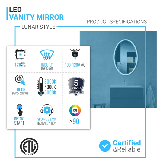 Oval - LED Light - Bathroom Mirror, Defogger and CCT Remembrance, Touch Switch, Lunar Style