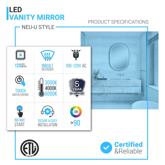 LED Bathroom Mirror Light, 69W, 3060LM, 36x48 Inch, Touch Sensor Switch, Neu-U Style, CCT Remembrance