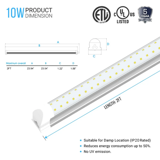 T8 2ft, 10 Watt LED Tube Integrated 2 Row Flat, 35W Equivalent, 1200 Lumens, 6500K Clear, AC 100-277V - LED Shop Lights
