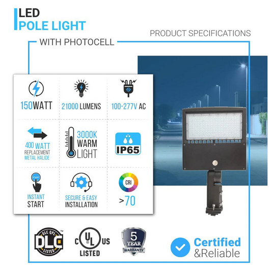 LED Parking Lot Lighting With Photocell, 150W, 525W Equal, 3000K, Universal Mount , Bronze, AC100-277V, LED Pole Light