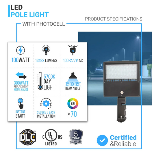LED Parking Lot Lighting 100W with Photocell, 5700K, Universal Mount, Bronze, AC100-277V, IP65 Waterproof