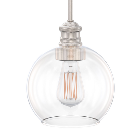 1-Light Clear Glass Hanging Light Fixtures with Brushed Nickel Finish, E26 Base, UL Listed for Damp Location