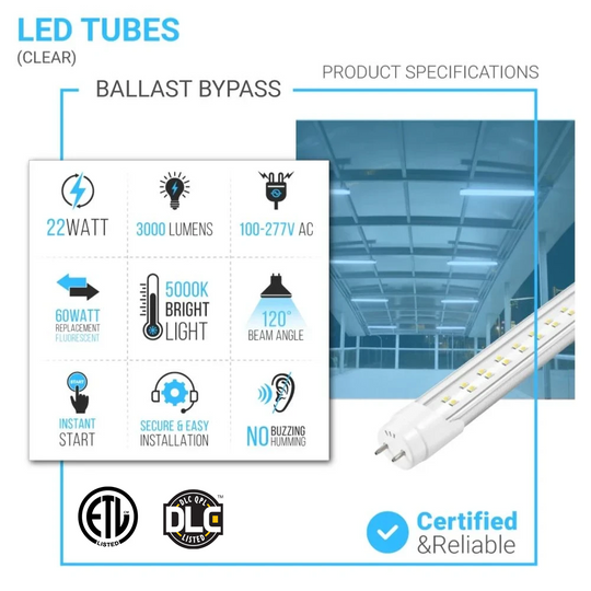 T8 4ft LED Tube Light, 22W, 2-Row LED Tube, 5000K, Clear, Ballast Bypass, Dual-Ended Power