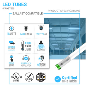 T8 4ft LED Glass tube, 18W,  2400 Lumens, 4000K, Frosted, Hybrid Led bulbs, (Check Compatibility List; Not Compatible with all ballasts)
