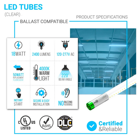 T8 4ft LED Tube Light Glass,18W, 2400 Lumens, 4000K, Clear, Hybrid led Bulbs