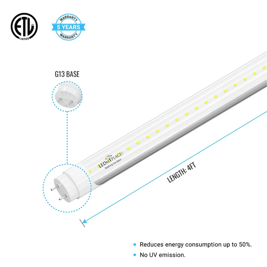T8 4ft LED Tube/Bulb - 22W 3080 Lumens 6500K Clear, Retrofit, Single End Power - Ballast Bypass Fluorescent Replacement