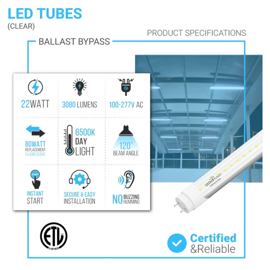 T8 4ft LED Tube/Bulb - 22W 3080 Lumens 6500K Clear, Retrofit, Single End Power - Ballast Bypass Fluorescent Replacement