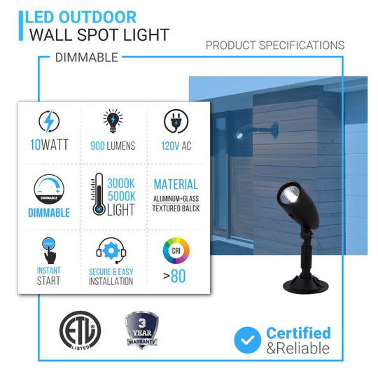 LED Outdoor Spotlight, 10W, 900 Lumens, Dimmable, Textured Black Finish, Wall Mounting, ETL Wet Location
