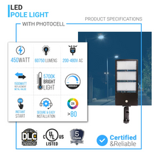 Load image into Gallery viewer, 450W LED Parking Lot Lights With Photocell, 5700K, High Voltage AC200-480V, Universal Mount Bronze, With 20KV Surge Protector