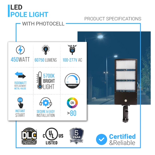 450W Outdoor LED Parking Lot Lighting With Photocell, 5700K, AC100-277V, Universal Mount Bronze, With 20KV Surge Protector