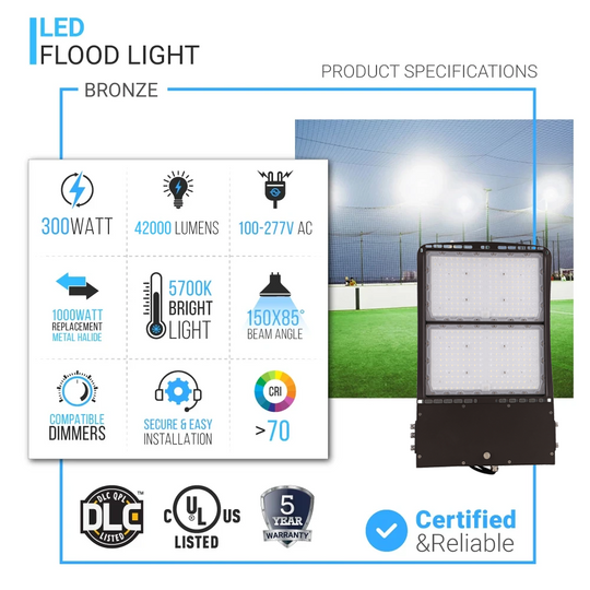 300W LED Flood Light, IP65 Waterproof, 42000lm, 1050 Watt Replacement, 5700K, Bronze, Dimmable
