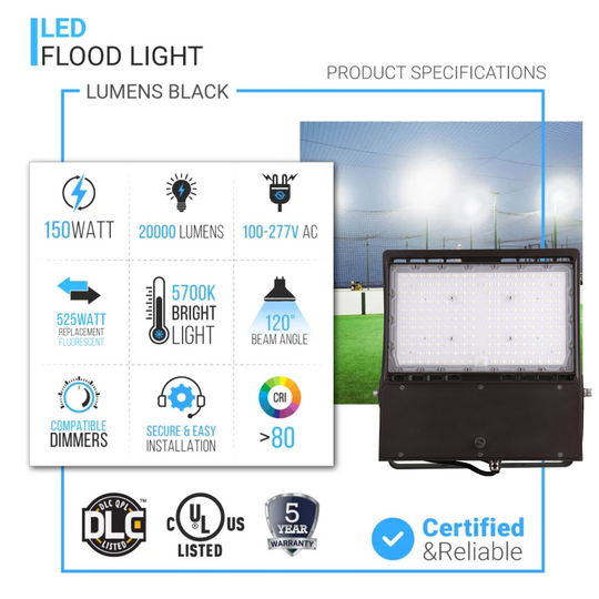 Outdoor LED Flood Light 150W, 5700K, 21,000LM, IP65 Rated, Super Bright Stadium Lights, Black, DLC Approved