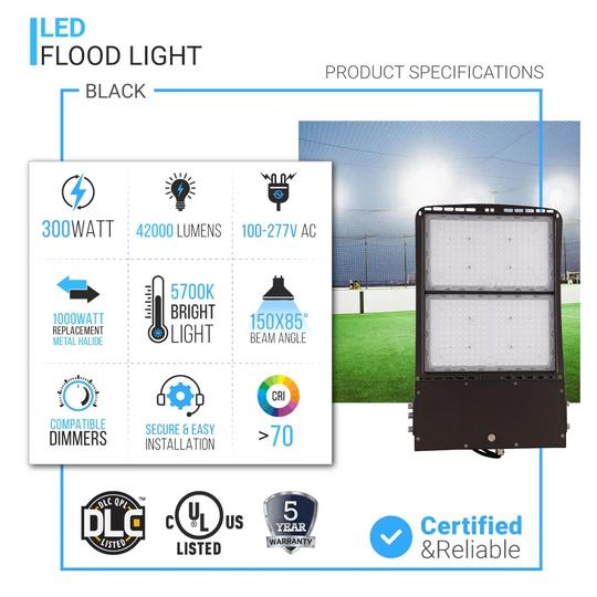 300 Watt LED Flood Light (1050 Watt Equivalent) 5700K, AC120-277V, Black, Waterproof Stadium Lights / Arena Lights