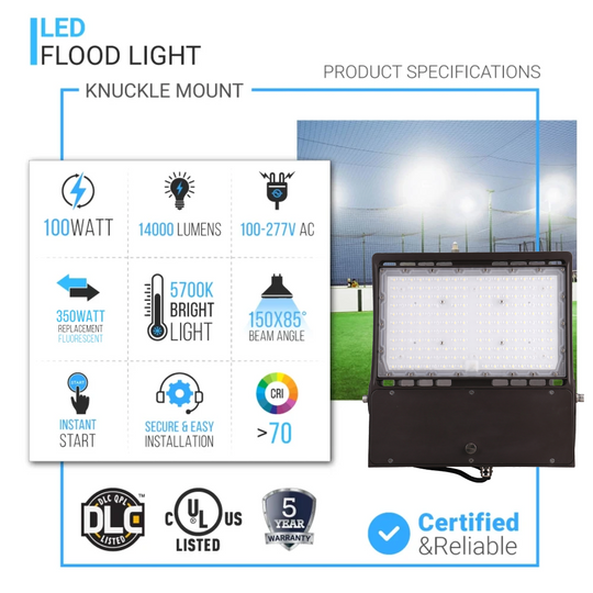 100W LED Flood Light, (350 Watt Replacement), 5700K, 14000 Lumens, 100-277 Volt, UL Listed, DLC, IP65 Rated