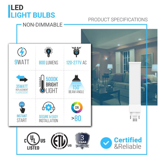 800 Lumens - LED Light Bulbs, GX23 - PL, 1-Pack, 9W, 2-Pin, 9W, 5000K (Daylight White)