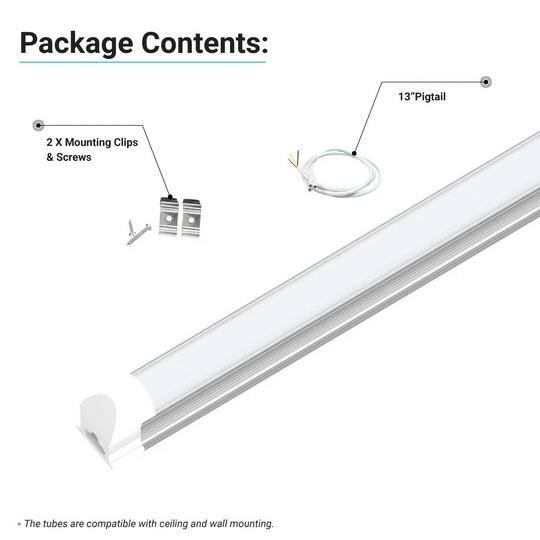 60 Watt LED Integrated Tube, T8 8 Feet - 210W Equivalent, 5000K Frosted, Linkable - Extendable Design - Basement Lighting