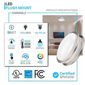 LED Flush Mount Double Ring, 12",18W (55W Equivalent), 1050lm, Dimmable, 3 Color Switchable (3000K/4000K/5000K), Brushed Nickel